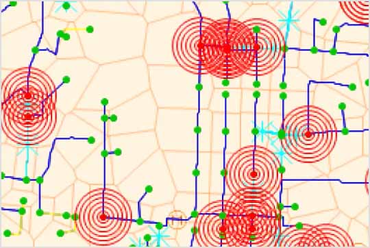 Autodesk ICMLive displays a sanitary sewer system map with colour overlays indicating areas with potential overflow events.