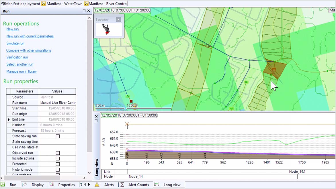 Autodesk ICMLive displays a river map with color overlays showing flood areas and a graph with rainfall profile data.