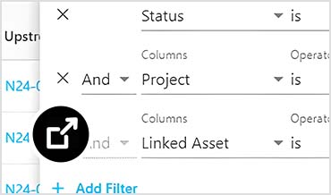 Info360 Asset interface showing advanced filters on inspection tables