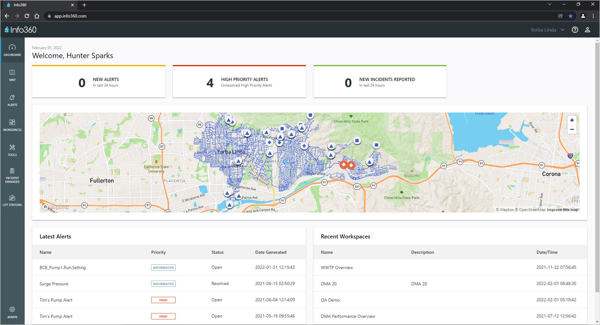 Info360 Insight dashboard with map and detail of incidents