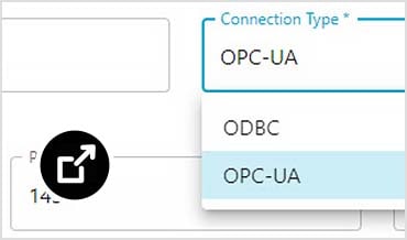 System connection editor open in Info360 Plant, with OPC-UA specified as the connection type