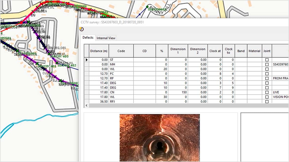 GIS map interface shows detailed utility network with various colored lines and symbols. 