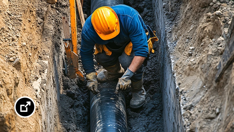 Construction worker in hard hat and safety gloves installs large pipe in trench with excavation equipment visible. 