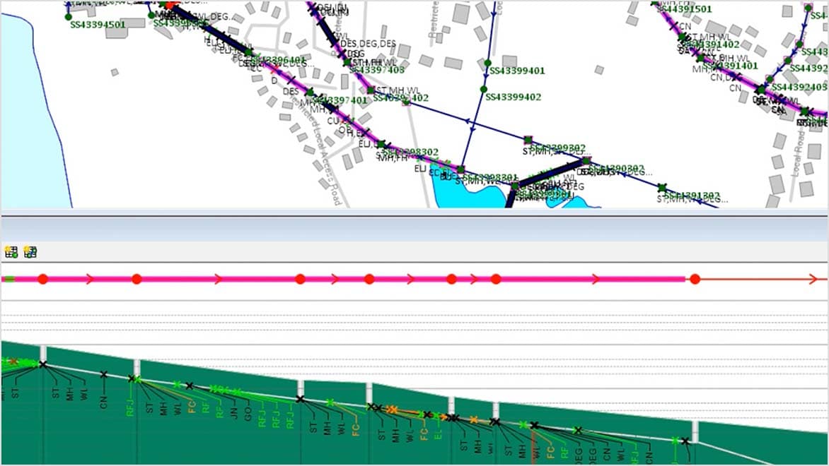 Sewer network management program displays map overlaid with various colored lines and symbols representing pipes and nodes. 