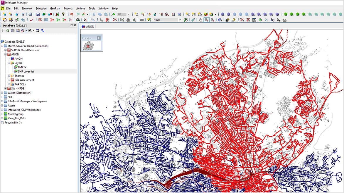 GIS software interface in Autodesk InfoAsset Manager with colors indicating sewer or water system networks.