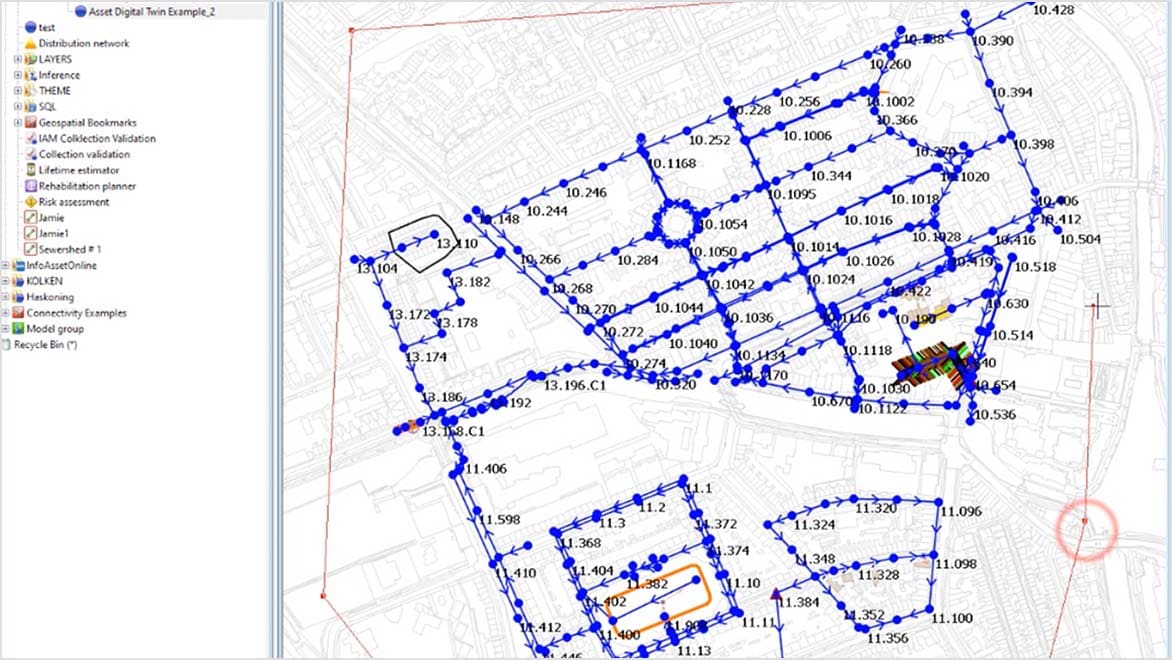 Autodesk InfoAsset Manager showcases a detailed map with highlighted assets, data points, and tools for asset management displayed on the screen. 