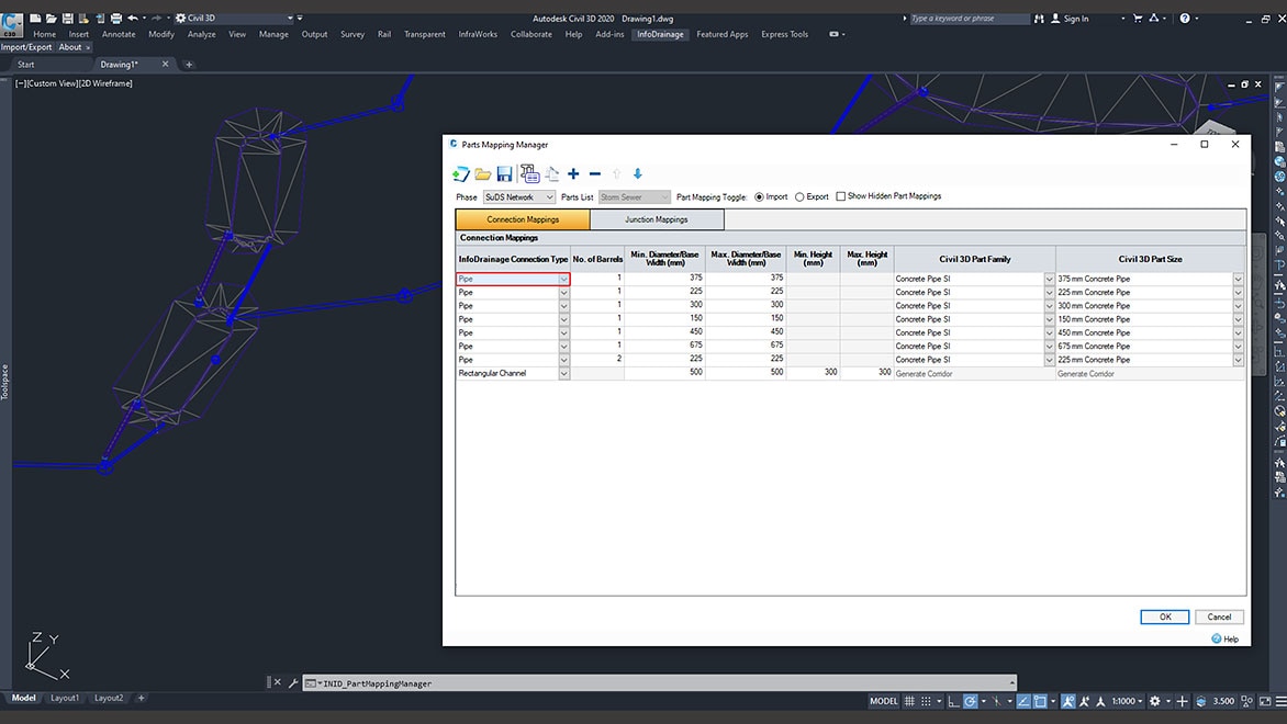 Screenshot showing Autodesk InfoDrainage integration with CAD, BIM, GIS, and Civil 3D