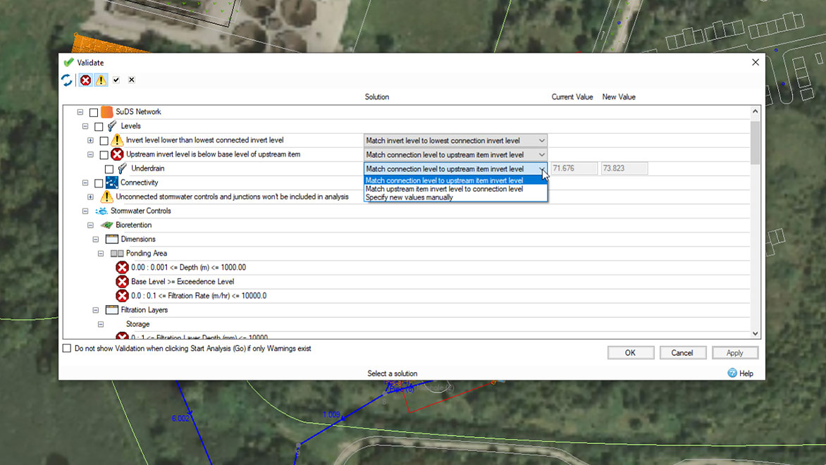 Captura de pantalla de InfoDrainage que muestra los controles de aguas pluviales