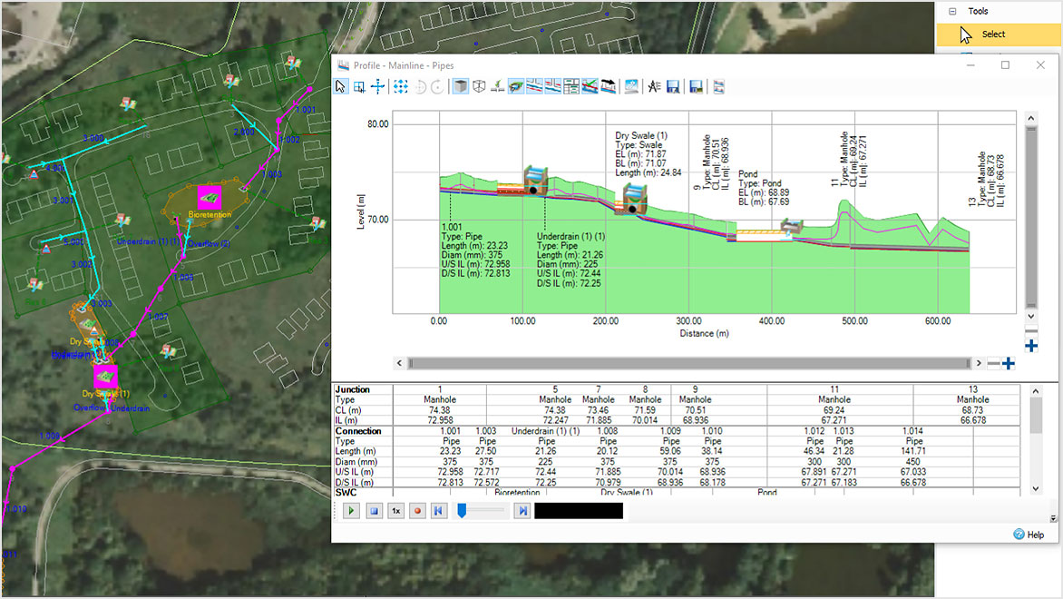 Captura de pantalla de Autodesk InfoDrainage con una superposición de línea principal: tuberías 