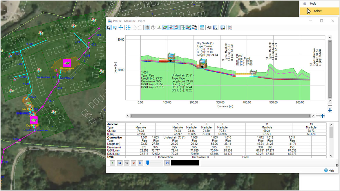 InfoDrainage screenshot with Mainline—Pipes overlay