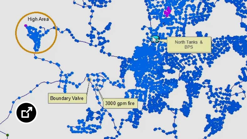 Map showing valves, tanks, and more using Autodesk InfoWater Pro