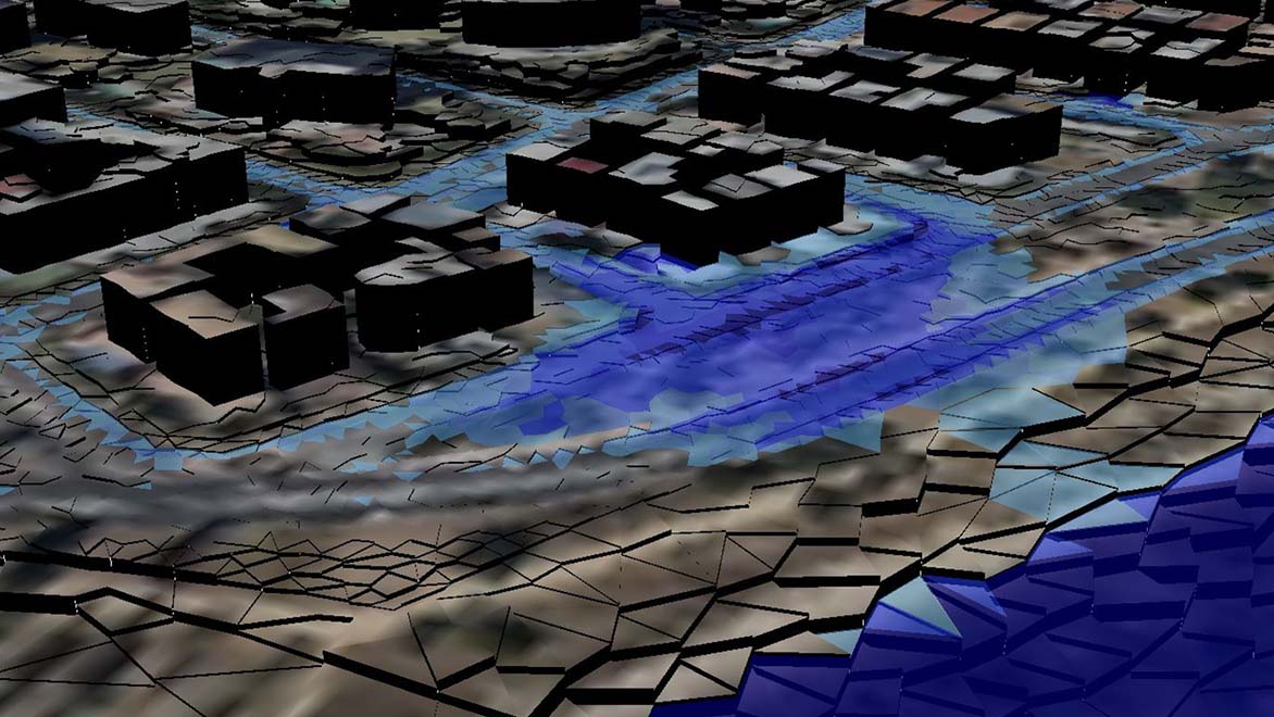 Modello 3D di edifici circondati da un'inondazione in Autodesk InfoWorks ICM