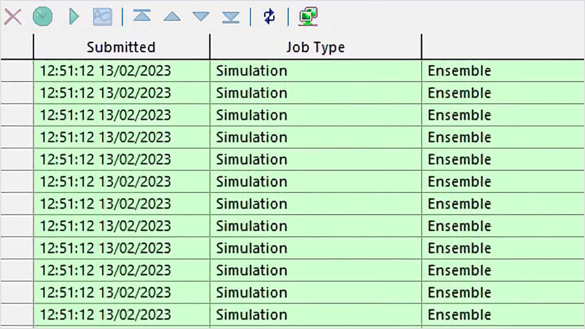 GPU-simuleringslog med sidepanelet for jobstatus i Autodesk InfoWorks ICM.