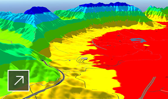 Oahu 섬의 풍경 단면에 중첩된 지형 색상 주제를 표시하는 모델