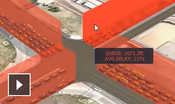 视频：在 InfraWorks 用户界面中显示的十字路口交通流量情况的静默截屏视频