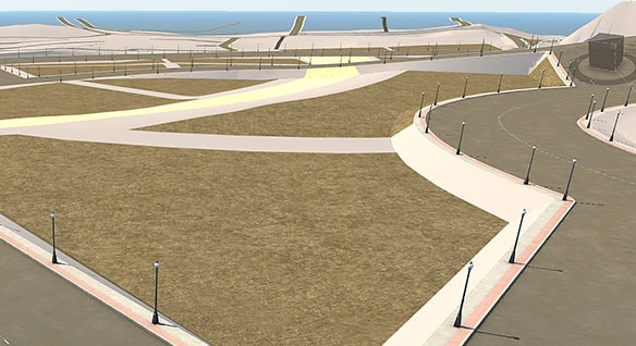 街路、歩道、草で覆われた区域のあるビーチサイド開発の進行中のモデル WDI STUDIOS