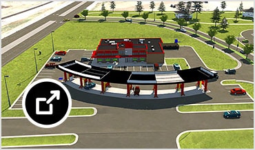 Realistic 3D model of commercial development, including a rest stop, gas station, and office buildings