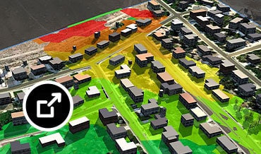 InfraWorks 中的城市模型，其中打开了“洪水模拟”和“动画播放器”面板