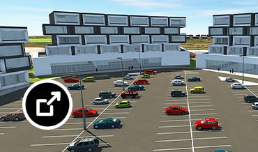 3D model of three freestanding buildings made of asymmetrically stacked container units with large parking lot in front