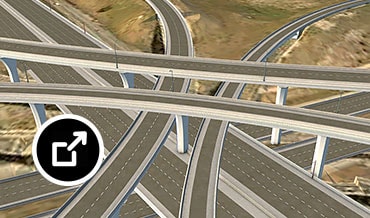 InfraWorks 用户界面中所示的 Park Meadows 高速公路立交桥模型的详细视图