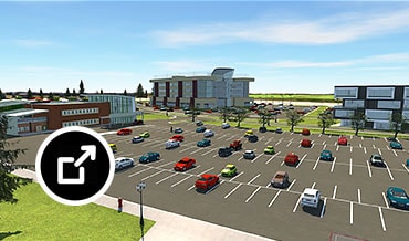Commercial development concept with a parking lot, apartment buildings, retail space, and offices