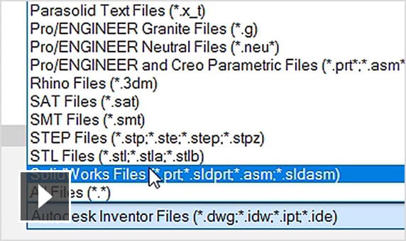 Video: A pull-down menu in the Open dialogue box shows that Inventor LT can read in other file formats to make modifications