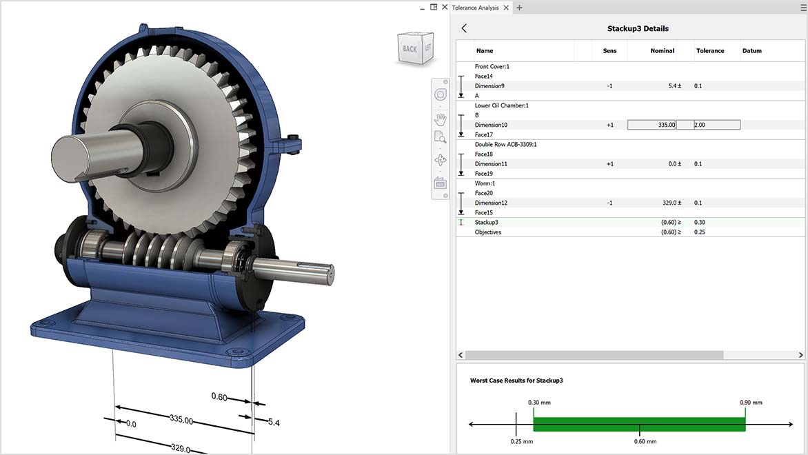 Graphic interface of dimensions included in the tolerance analysis stackup in Autodesk Inventor Tolerance Analysis