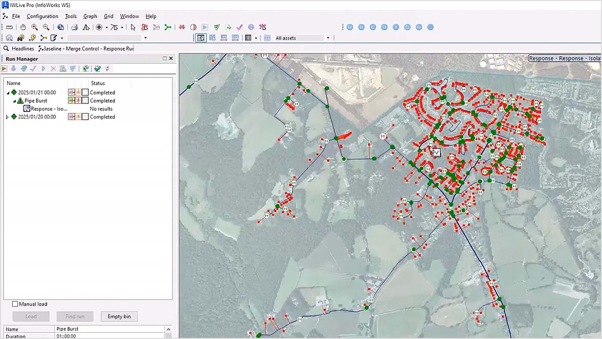 IWLive Pro screen displays a map with an overlay and nodes representing pipes and connections in a geographic area.