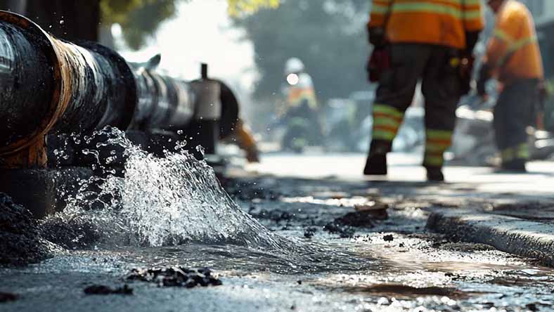 Emergency repair workers in the distance, fixing a burst outdoor water pipe flooding a concrete sidewalk