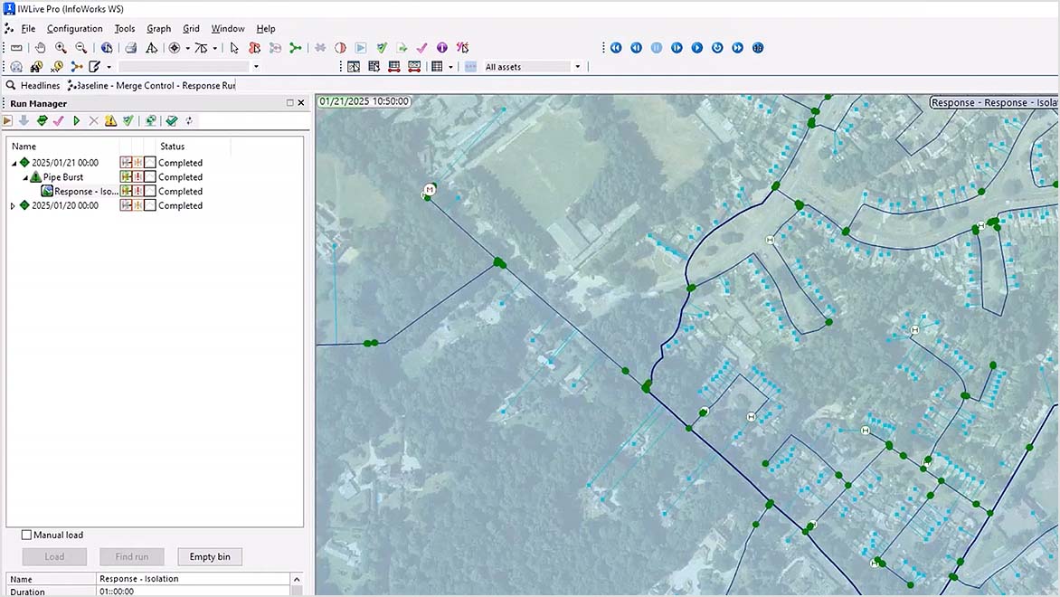 Map in Autodesk IWLive Pro showing a network of lines and nodes representing pipes and connections over a geographic area