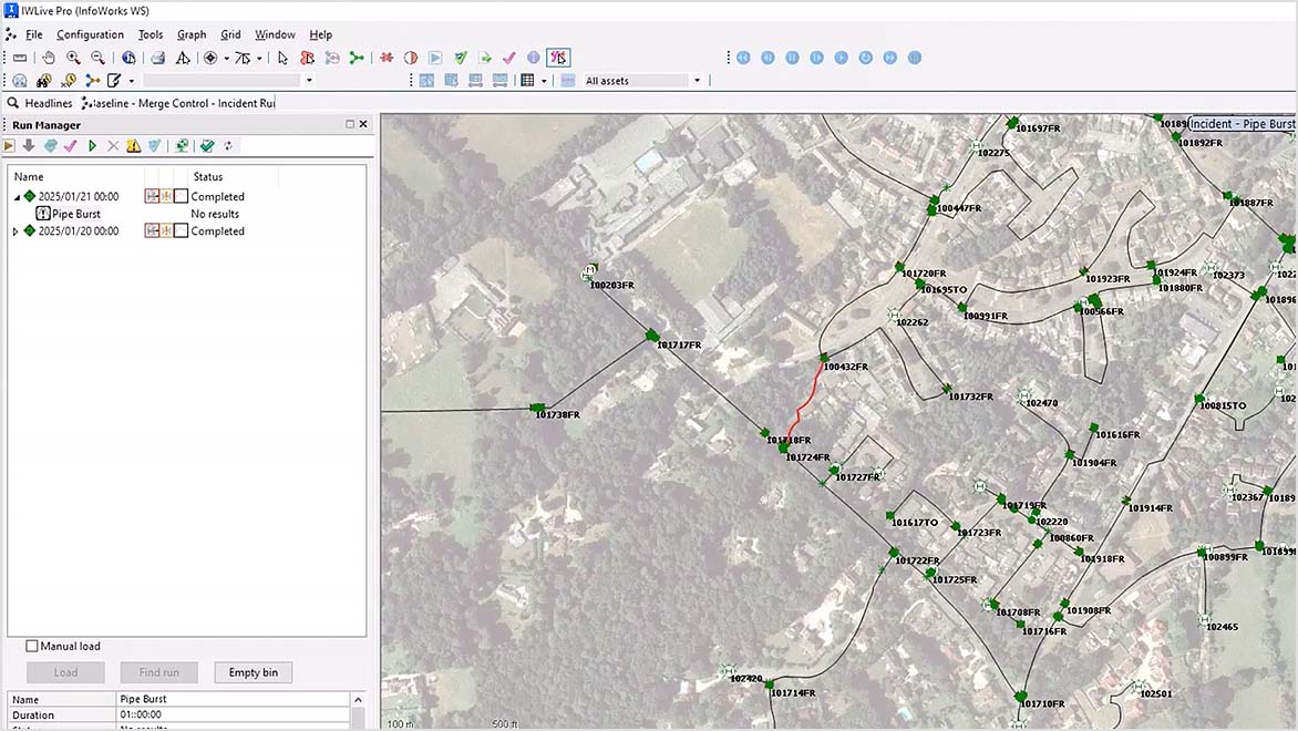 Autodesk IWLive Pro software with a map view showing pipes, nodes, and a properties panel for a selected pipe