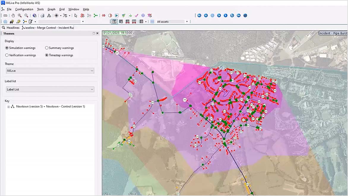 Water distribution network simulation in InfoWorks WS Pro, displaying a map with icons and graphs for incident analysis