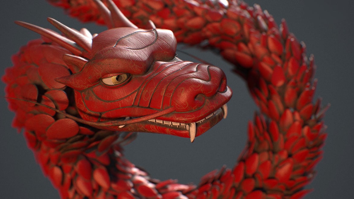Red dragon made of wood 