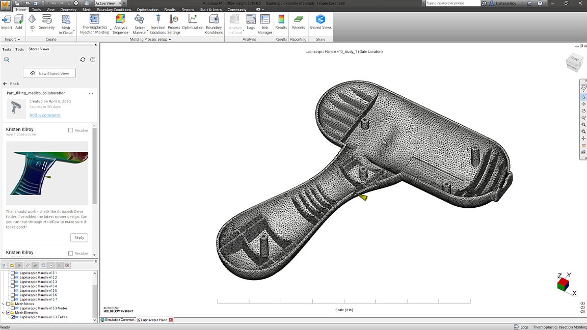 Interfaccia utente di Autodesk Moldflow Insight in cui è visualizzato il modello 3D di uno stampo con il gruppo Viste condivise aperto a sinistra 