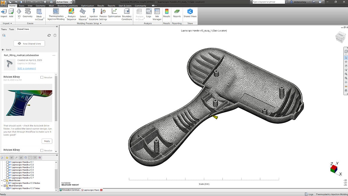 Interface utilisateur d'Autodesk Moldflow Insight affichant le modèle&amp;nbsp;3D d'un moule avec le groupe de fonctions des vues partagées ouvert à gauche