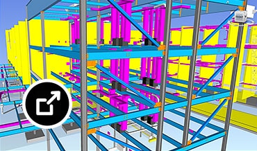 Modelo 3D coordinado con códigos de colores del armazón estructural del edificio de una residencia universitaria