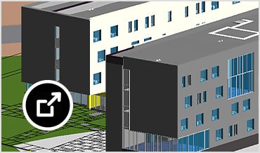 Yhteisörakennuksen 3D-malli, joka näyttää koordinaatiomallimoduulin Navisworksissa