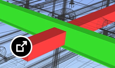 Navisworks 中的三维建筑模型，显示两个颜色编码梁之间的冲突。