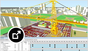 프로젝트 일정과 함께 애니메이션을 보여주는 타워 크레인이 있는 시공 현장의 4D 시뮬레이션 모델 