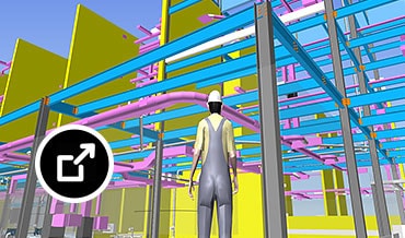 Model projektu 3D z renderowaną postacią przyglądającą się kodowanym kolorami instalacjom rurowym, belkom i instalacjom w budynku 