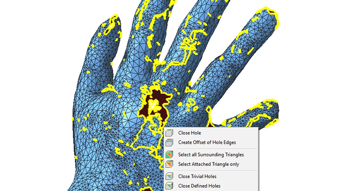 Modelo 3D de uma mão com o painel Reparar aberto no Netfabb