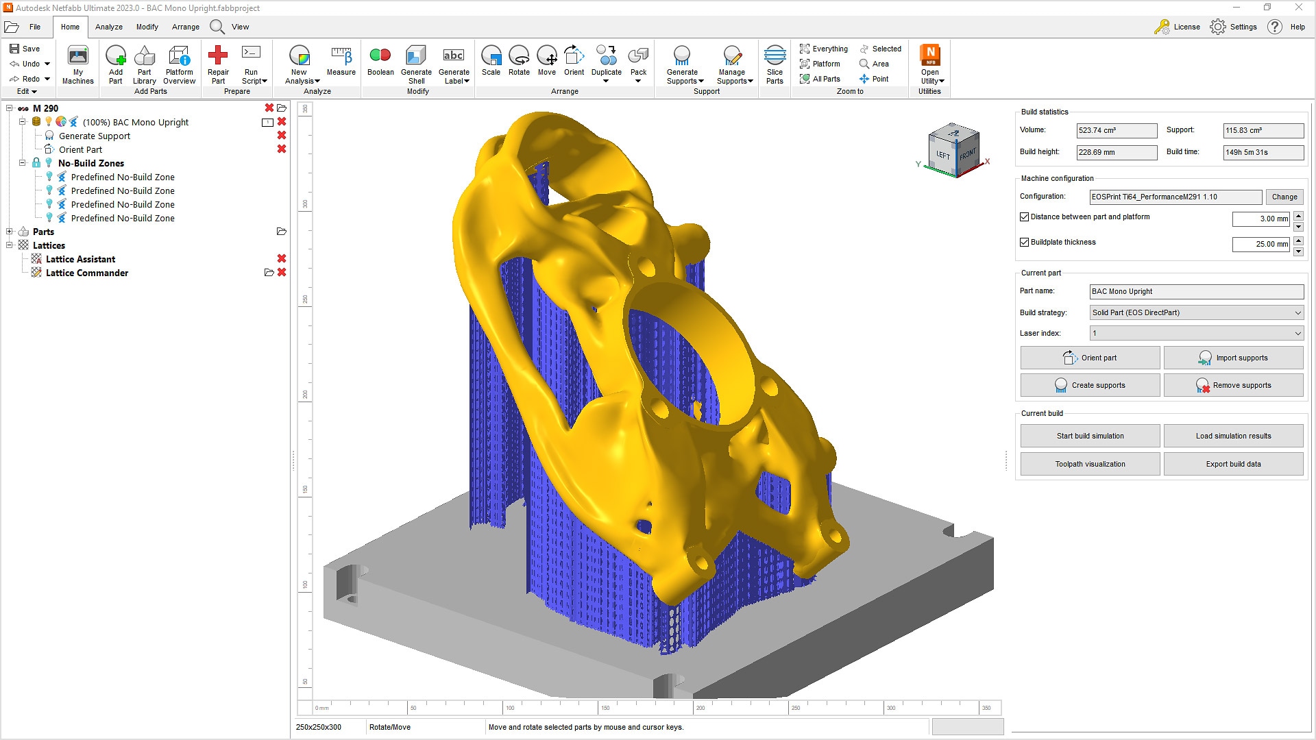 Immagine di un supporto stampato in metallo 3D in Autodesk Netfabb che mostra la struttura di supporto e il riepilogo dei dati di costruzione
