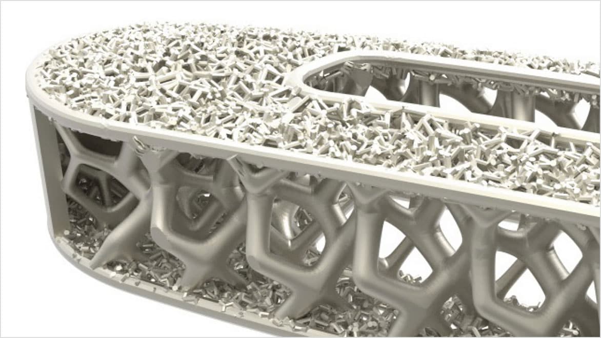 Spinal implant with an oblong shape and intricate lattice work built in Fusion 360  