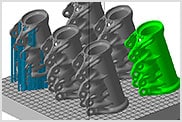 Skærmbillede af identiske dele i byggeområdet til en 3D-printer i Autodesk Netfabb