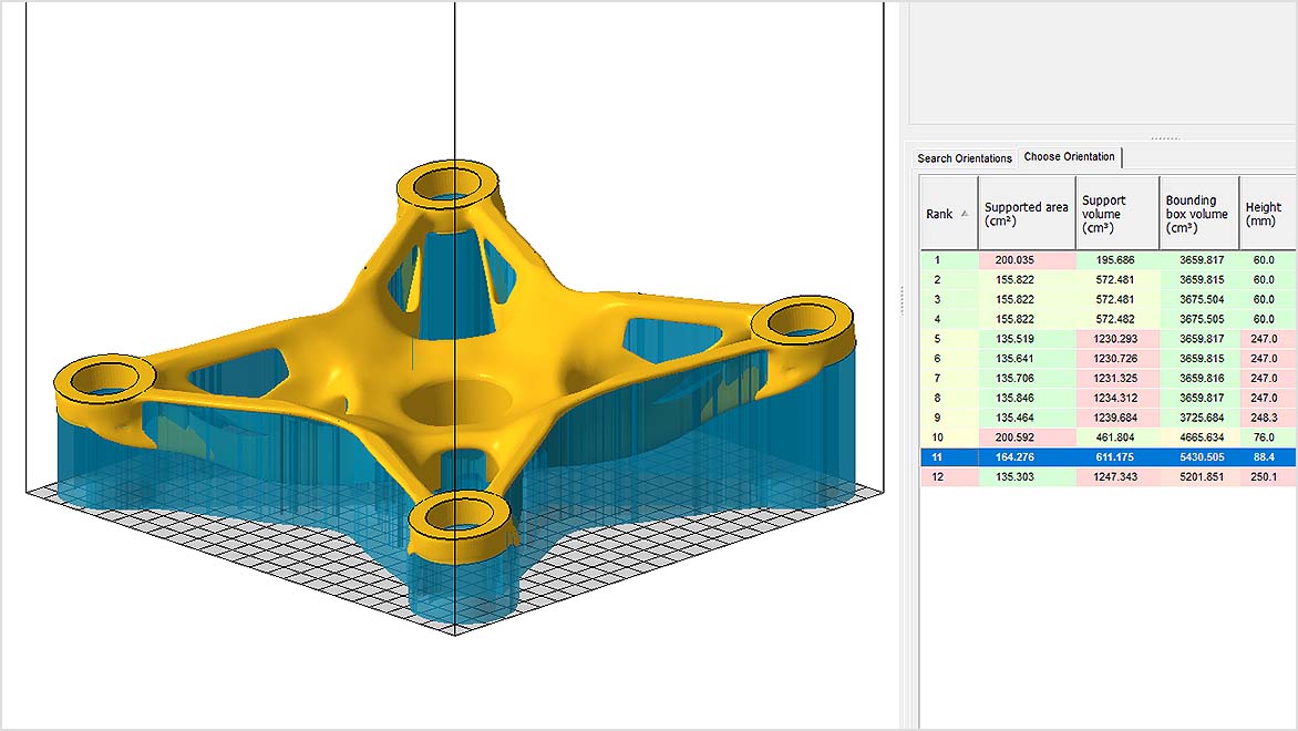 Orientacja części w obszarze konstrukcyjnym drukarki 3D w programie Autodesk Netfabb