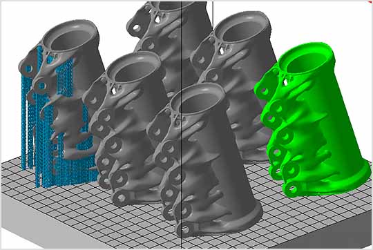 Autodesk Netfabb の 3D プリンター造形スペース上の重複パーツのスクリーンショット