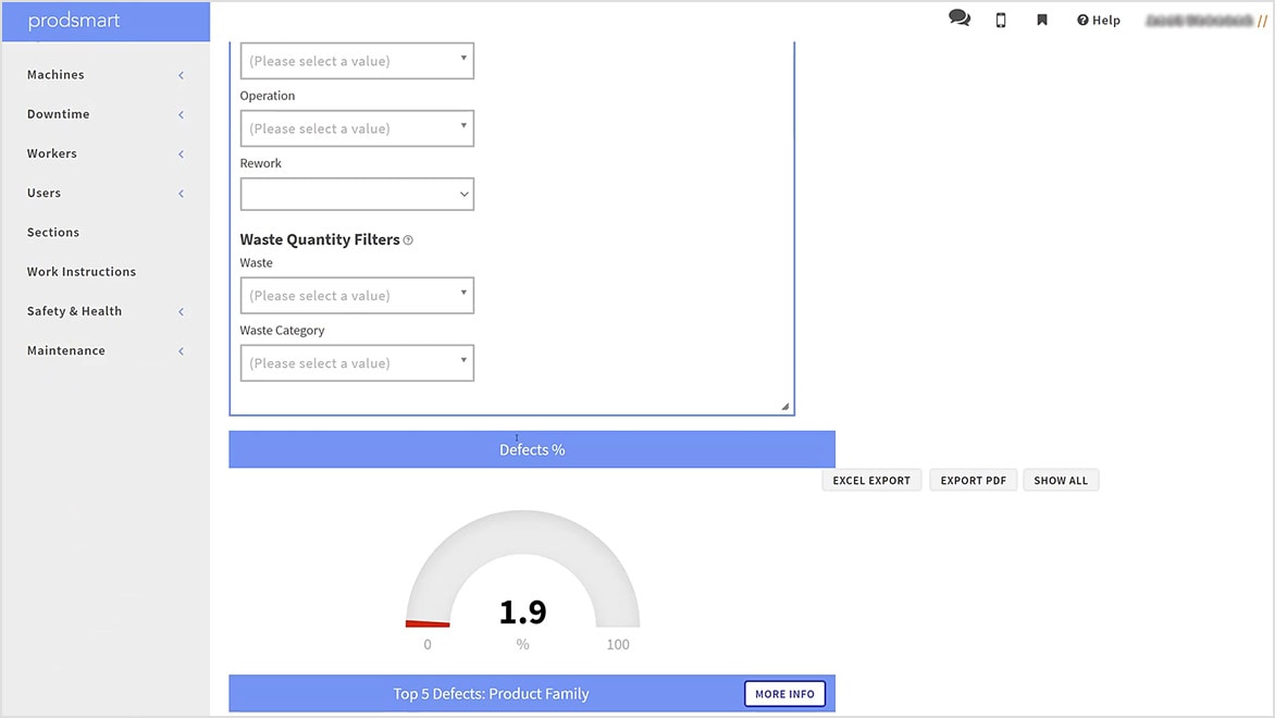 Screenshot of Prodsmart software showing quality and waste tracking