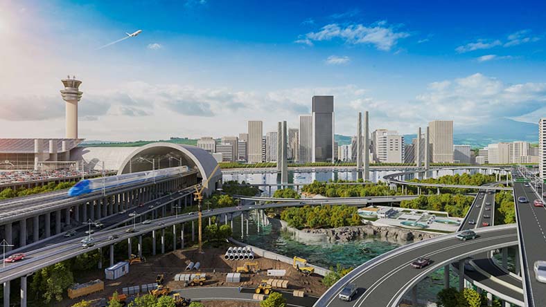 Renderización de una ciudad futurista con puente, torre de control de tráfico aéreo, tren bala, autopistas y emplazamiento de construcción