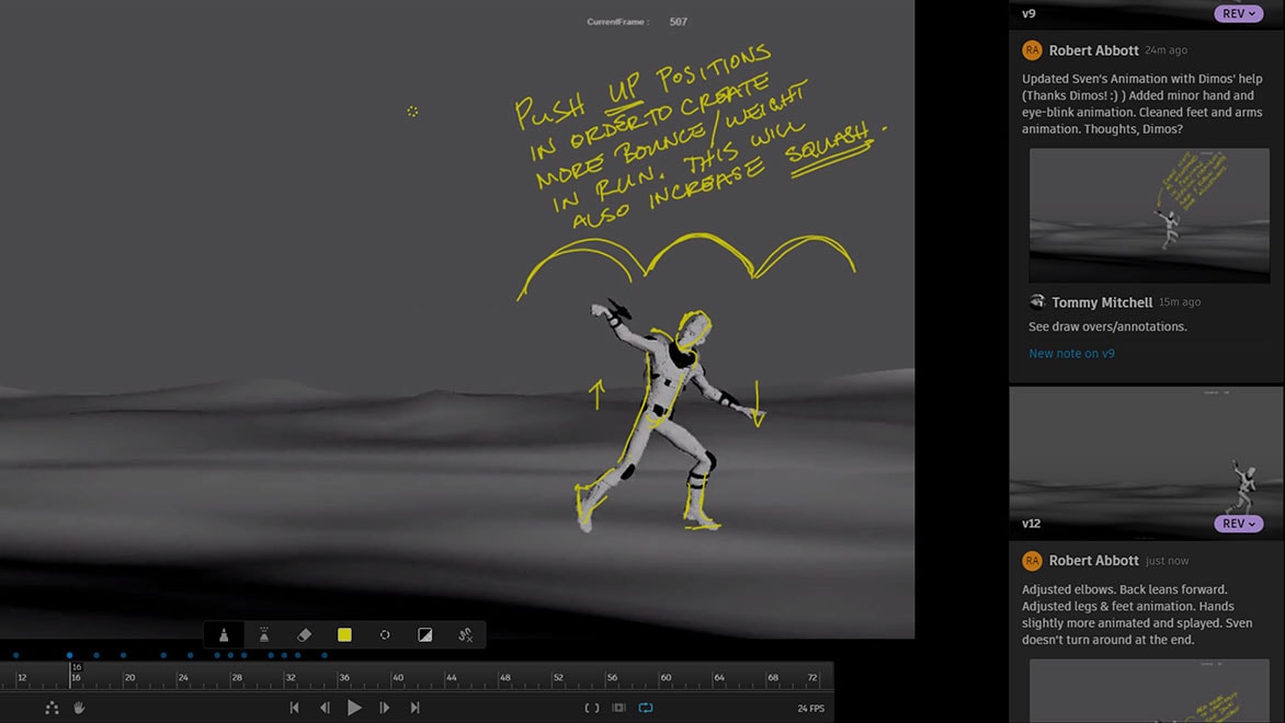 Notes ajoutées à une animation de robot à l’aide de l’outil RV de ShotGrid