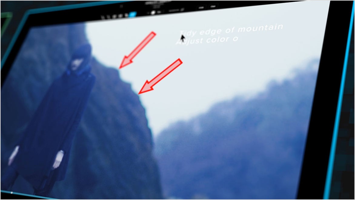 Cleanup notes and arrows point to mountain on a video still